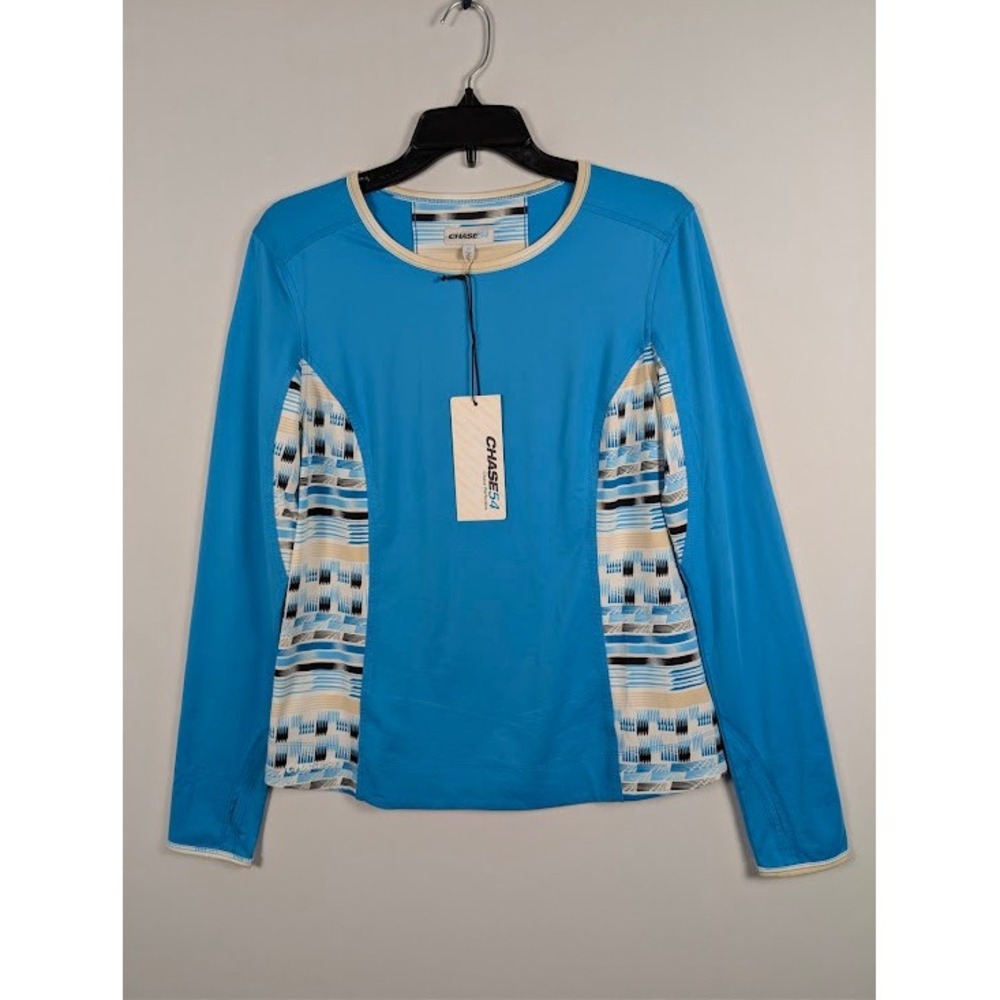 Chase54 Golf T-Shirt Womens M Aqua Blue Pattern Long Sleeve Vented Stretch NEW